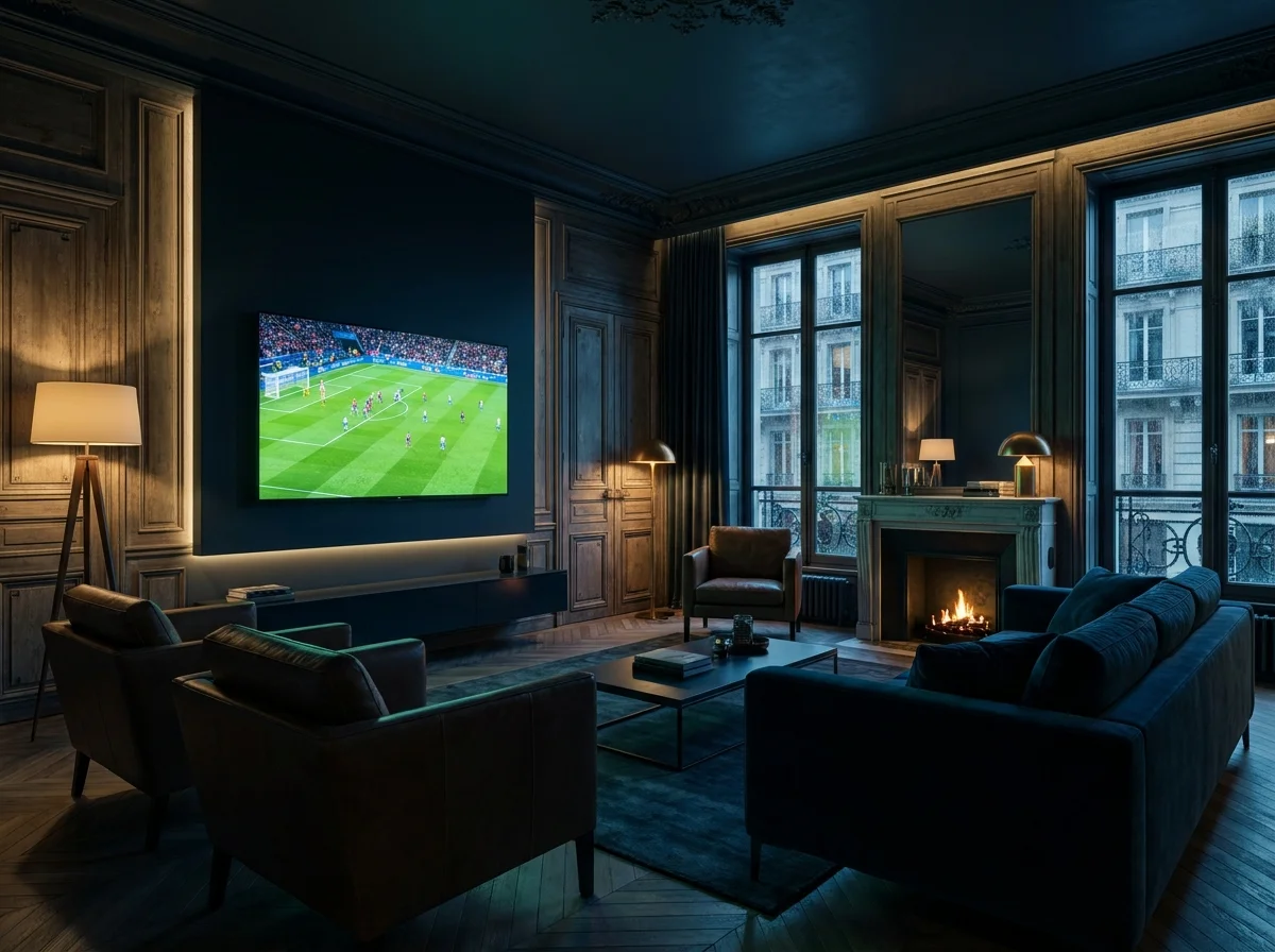 Salon moderne avec écran diffusant du contenu en 4K